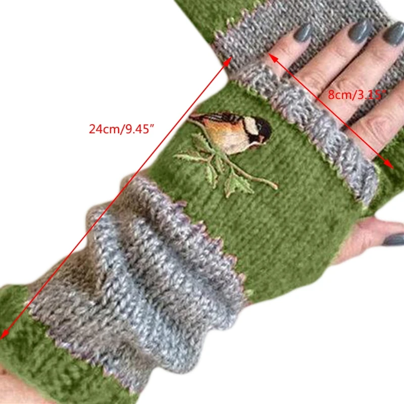 

Women Winter Knitted Fingerless Gloves Bird Embroidered Color Block Splice Half Finger Mittens Outdoor Driving Thumb Hol