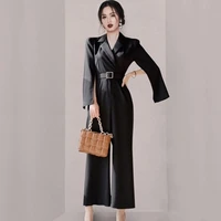 2021 spring high waist belted wide leg jumpsuits women notched neck rompers office ol work wear formal playsuits