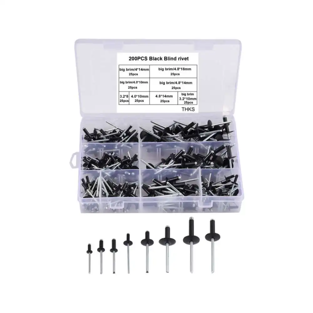 

200 Pcs/Box Black Aluminum Blind Rivets Nail Decoration Rivets For Furniture Assortment Kits Household Tools Accessories