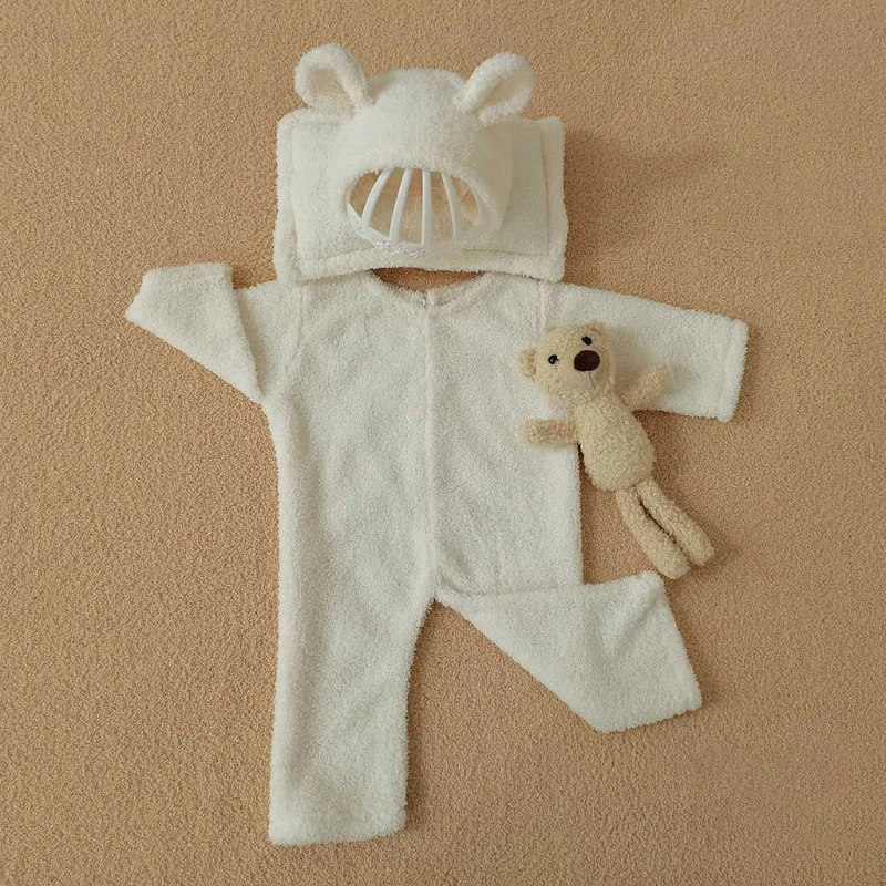 

Newborn Baby 4Pcs Photography Props Infant Long Sleeve Romper Jumpsuit and Hat Bear Doll Pillow Thicken Warm Plush Outfits