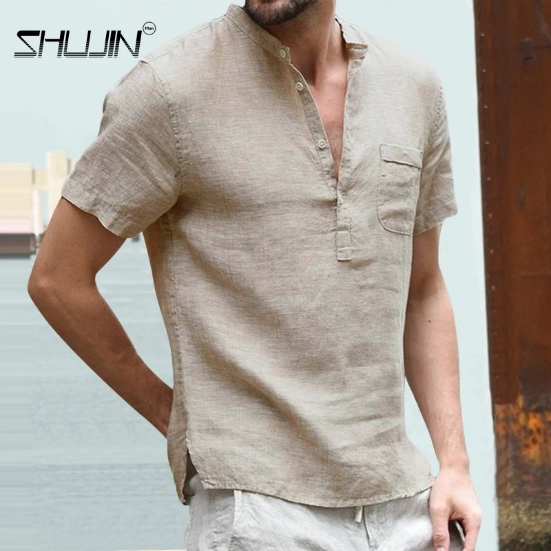 

Men's T-shirt Cotton Linen Casual Loose Shirts Summer Tops Short Sleeve Tee Ovesized Solid Button T Shirt for Men S-3XL