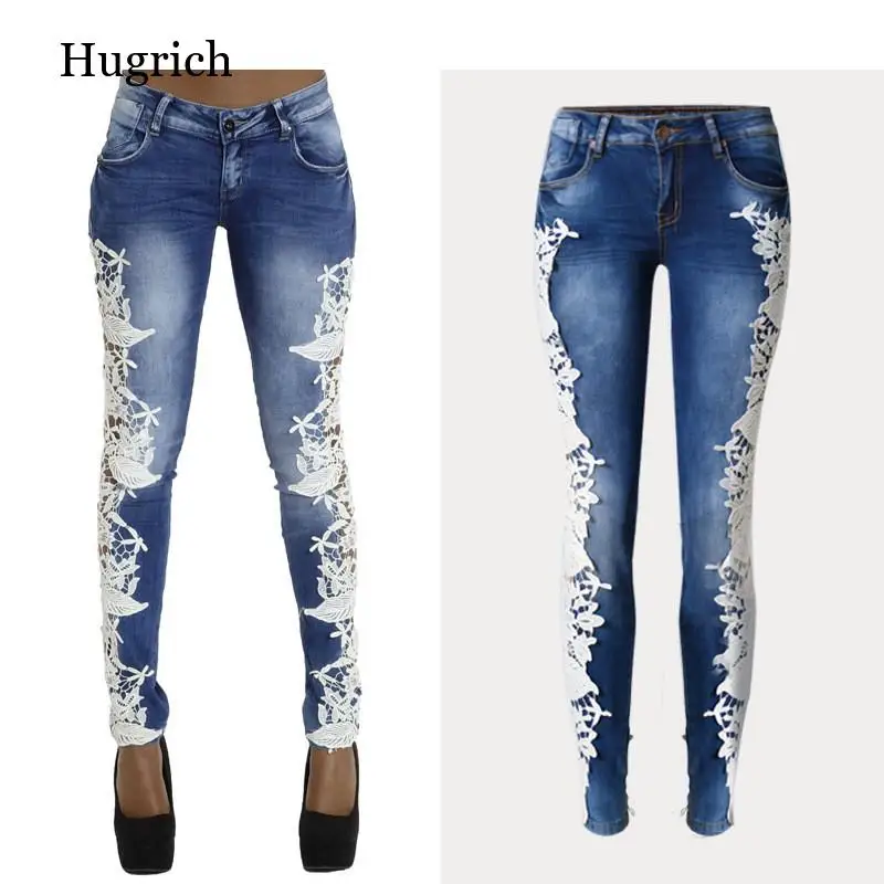 Джинсы со средней талией и кружевом модные полноразмерные эластичные колготки с