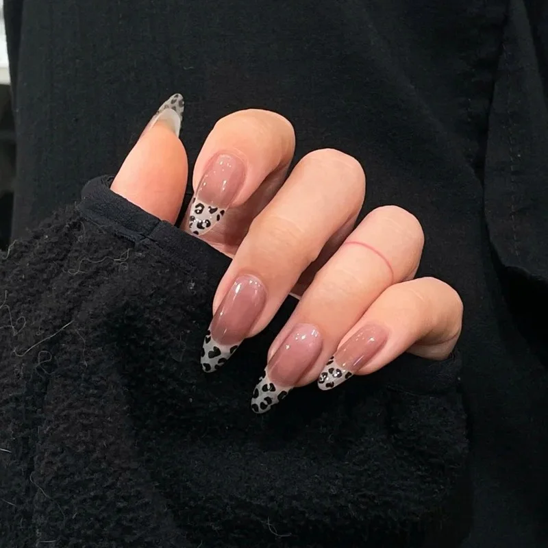 

24 Pcs Nail Art French Removable Pointed Leopard Gradient Ballet Acrylic Press On Fake Nails Tips Finished False Nails Wth Glue