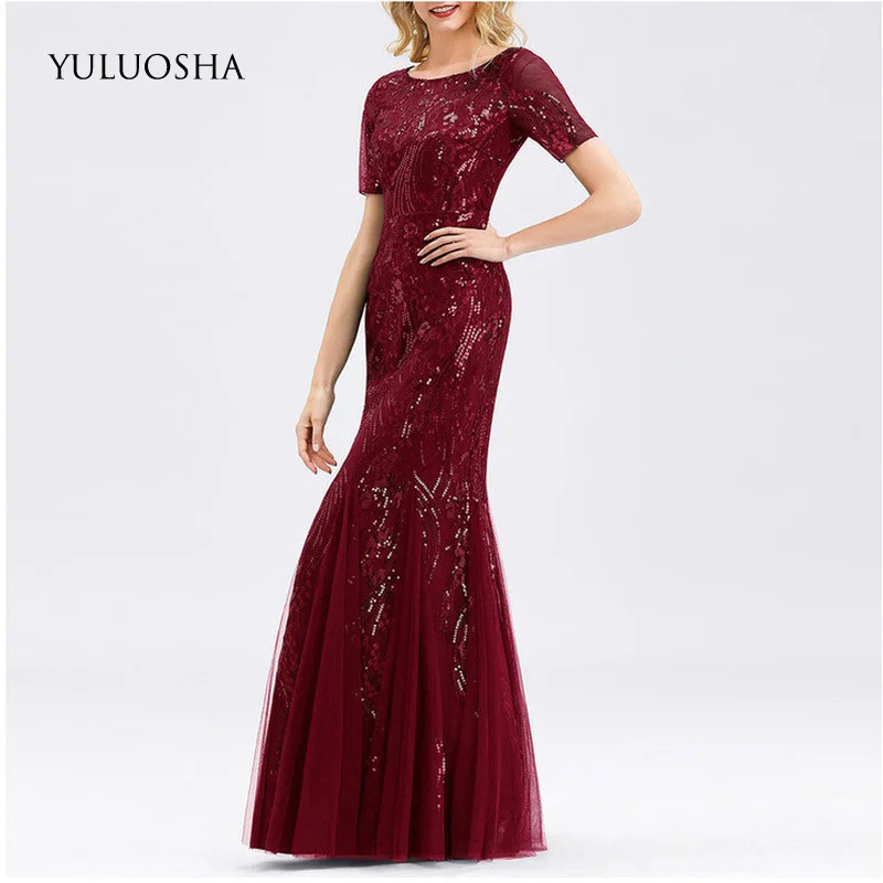 YULUOSHA Formal Dress Women Elegant O-Neck Appliques Sequined Floor-Length Vestidos De Fiesta | Свадьбы и торжества