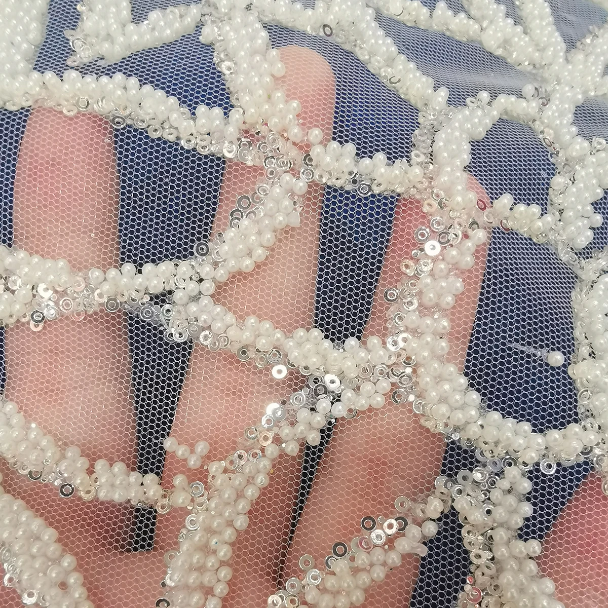 

Bridal Crystal Sequins Heavy Beaded Fabric White Net Lace Material Luxury Transparent Mesh Tulle For Dresses Women Party Evening