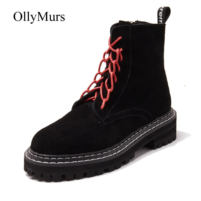 

botas mujer 2019 Casual Shoes Women Martin Boots Real Leather Fashion Brand Ladies footware Anke Boots Cross-tied Boots Black
