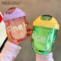 300ml cartoon cute straw plastic water bottle bpa free outdoor transparent juice drinking cup suitable for adult children