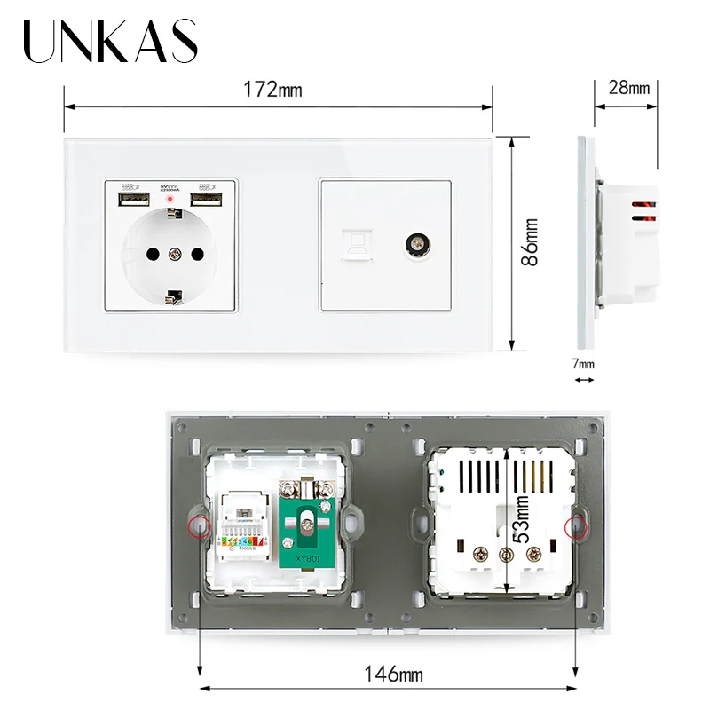UNKAS электрическая розетка со стеклянной панелью европейского стандарта двойной