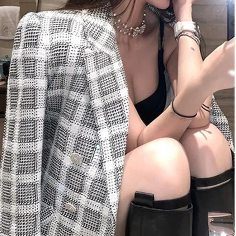 

Womens England Style Loose Blazer Spring Autumn Plaid Double Breasted Suit Jacket Designer Streetwear Office Lady Outerwear S-L