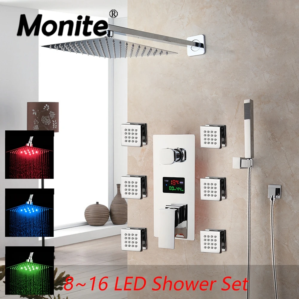 

Monite 8~16 Inch LED Bathroom Shower Set Faucet Square Chrome Brass Message Jets Digital Display Rainfall Kit Hand Shower Set
