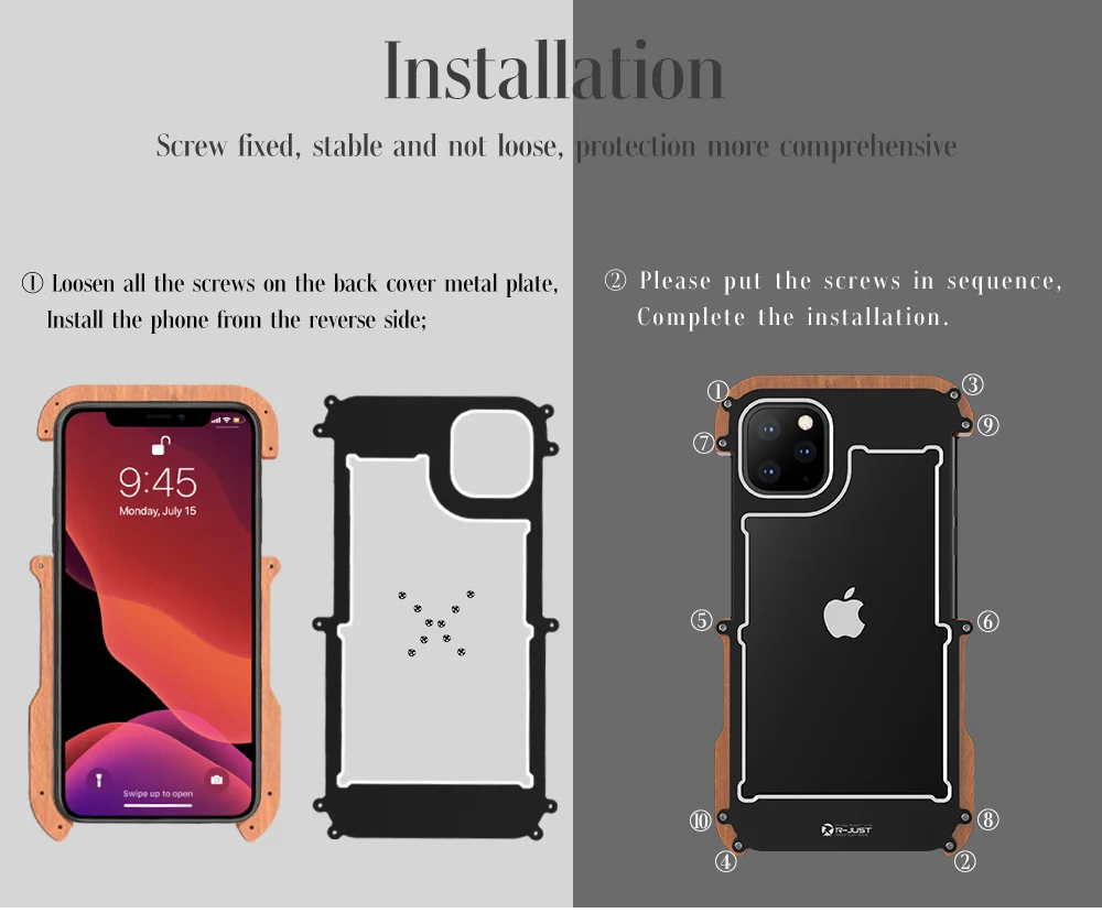 

R-Just Aluminum Metal Case For iPhone 12 Pro Max Shockproof Case For iPhone 11 Pro Max Xs XR 8 7 6 Wood+Metal Anti-knock Cover