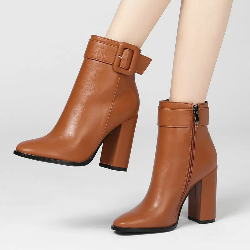 

Round Toe Chunky High Heel Ankle Boots for Woman Fashion High Heel Buckle Short Boots Pop Brown Black Beige Winter Boots