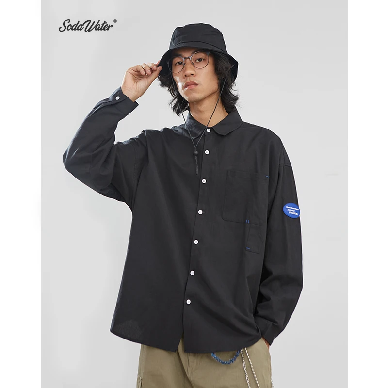 SODAWATER Men Vintage Shirt Japan Style Loose Solid Autumn Streetwear Casual Front Pocket Long Sleeve Tops 92134W | Мужская одежда