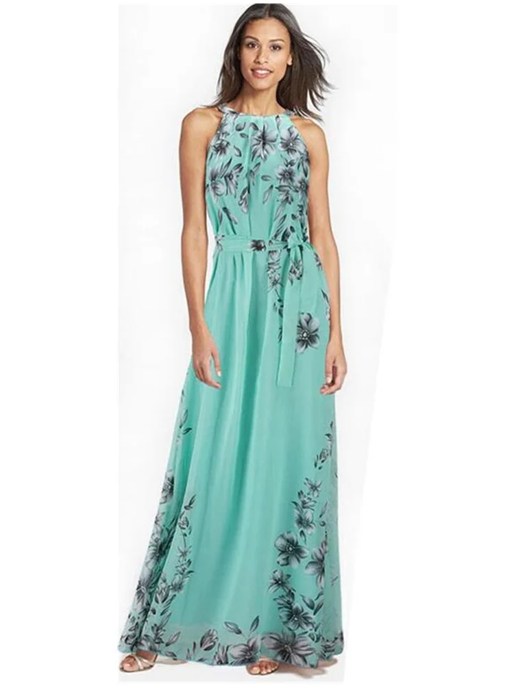 

Women's Elegant Long Sleeveless Print Dress With Large Swing And Beach Skirt With High Waist Tightening