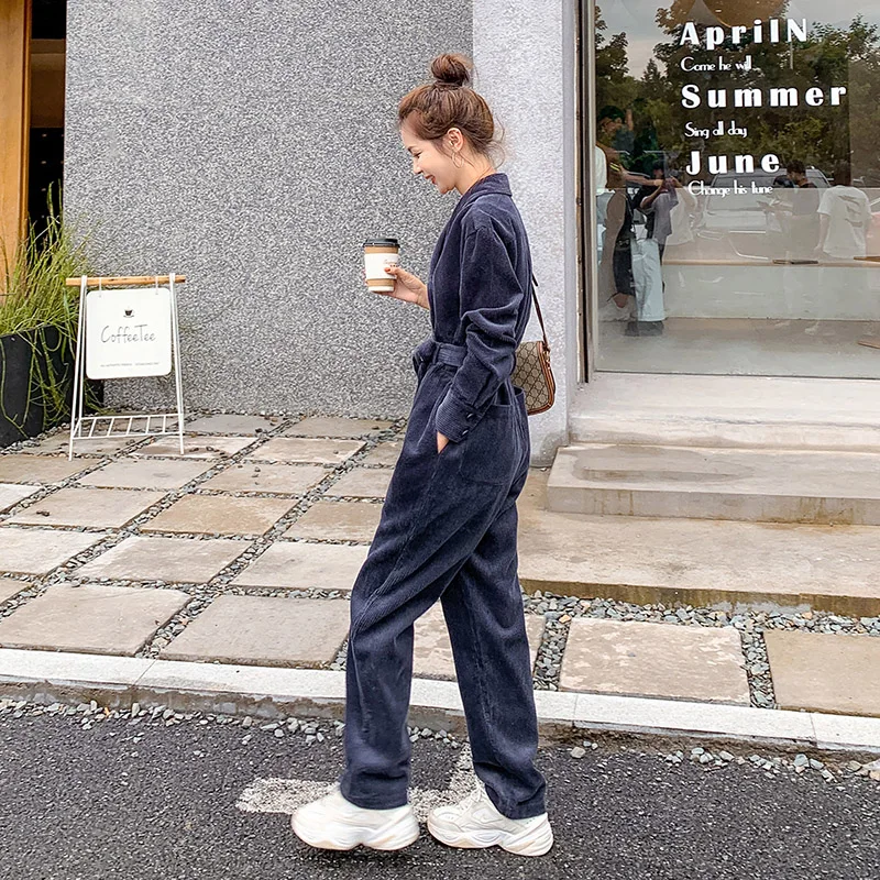 Вельветовые комбинезоны для женщин с длинным рукавом Свободные двубортные Sashe