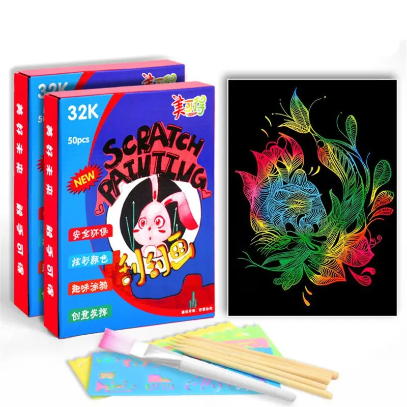 

50pcs 18x 13cm Magic Color Rainbow Scratch Art Paper Card Set with Graffiti Stencil for Drawing Stick DIY Art Painting Toy Kids