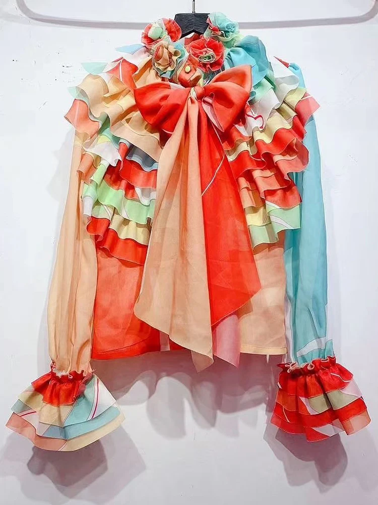 

Multicolor Free Shipping Heavy Craft Applique Multi-level Ruffled Lace Bowknot Loose Shirt Ladies Autumn New Style All-match