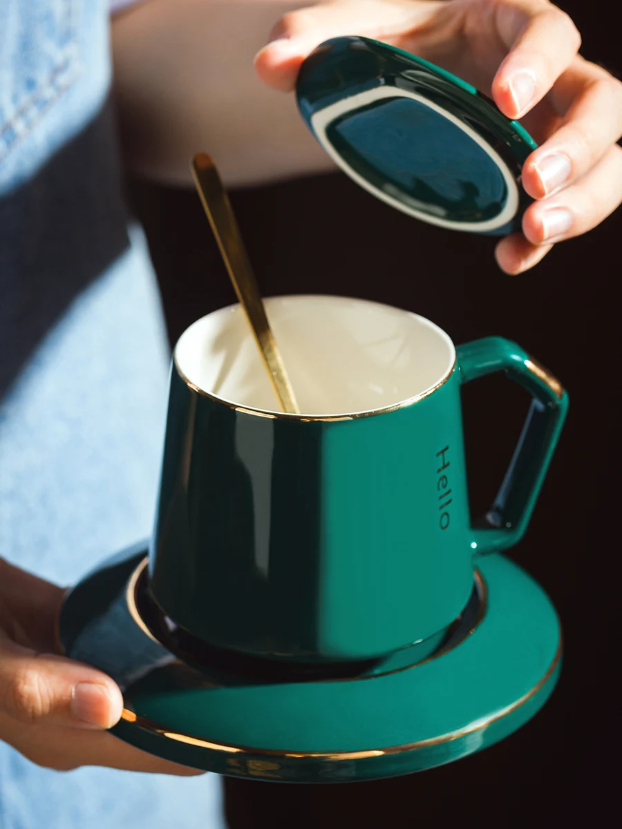 Coffee cup dish European-style home water small luxury latte mug with lid spoon mixing set custom LOGO | Дом и сад
