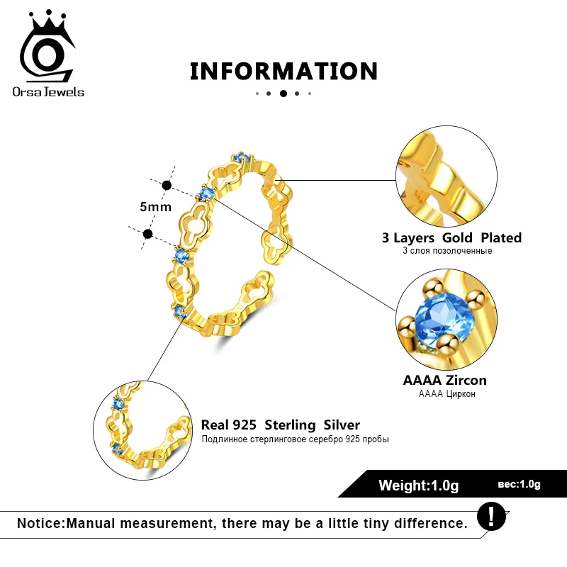 ORSA JEWELS кольцо чистый 925 Серебряные Регулируемые кольца для Для женщин 4 стиль Дополнительный синий и ясно AAAA фианит укладки вогнутые кольца ювелирные изделия SR140