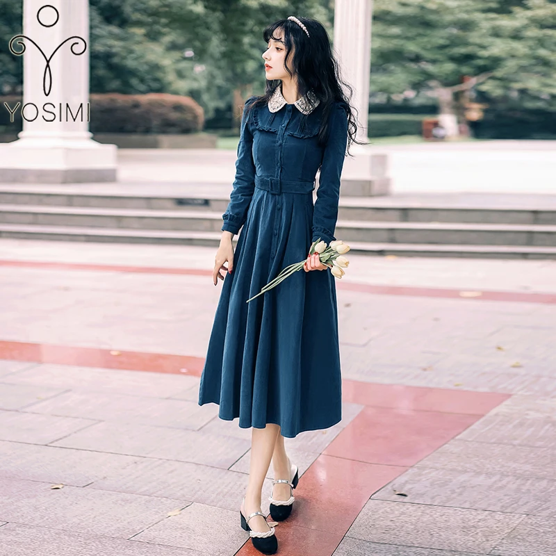 

YOSIMI Corduroy Dress Elegant Women 2021 Autumn Winter Fit and Flare Lace Peter Pan Collar Mid-calf Long Sleeve Women Dress Blue