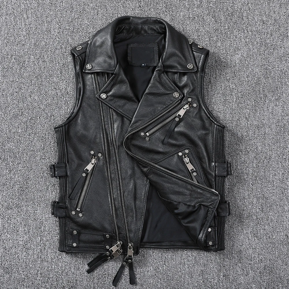 

American 2021 Black Motorcycle Style Leather Vest Men Plus Size 4XL Genuine Cowhide Spring Slim Fit Short Biker's Coat