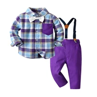 autumn spring boys outfit purple long sleeve kids clothing suit cotton plaid shirt with pants for toddler kids