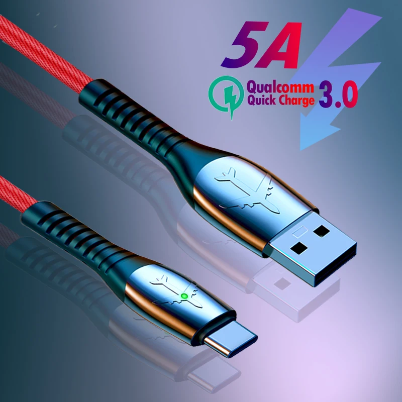 

Кабель USB Type-C 5A со светодиодной подсветкой, шнур для быстрой зарядки и передачи данных для смартфонов Xiaomi11, Huawei, провод Micro USB, кабель из цинко...