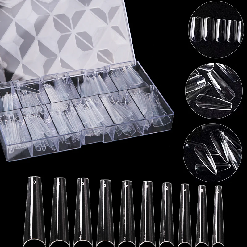 500Pcs Sharp Clear XXL False Nail Tips Box,Full/Half-Cover C/T-Curved/Coffin/Trapezoidal False Art Nail,ABS Acrylic Nails 10Mode