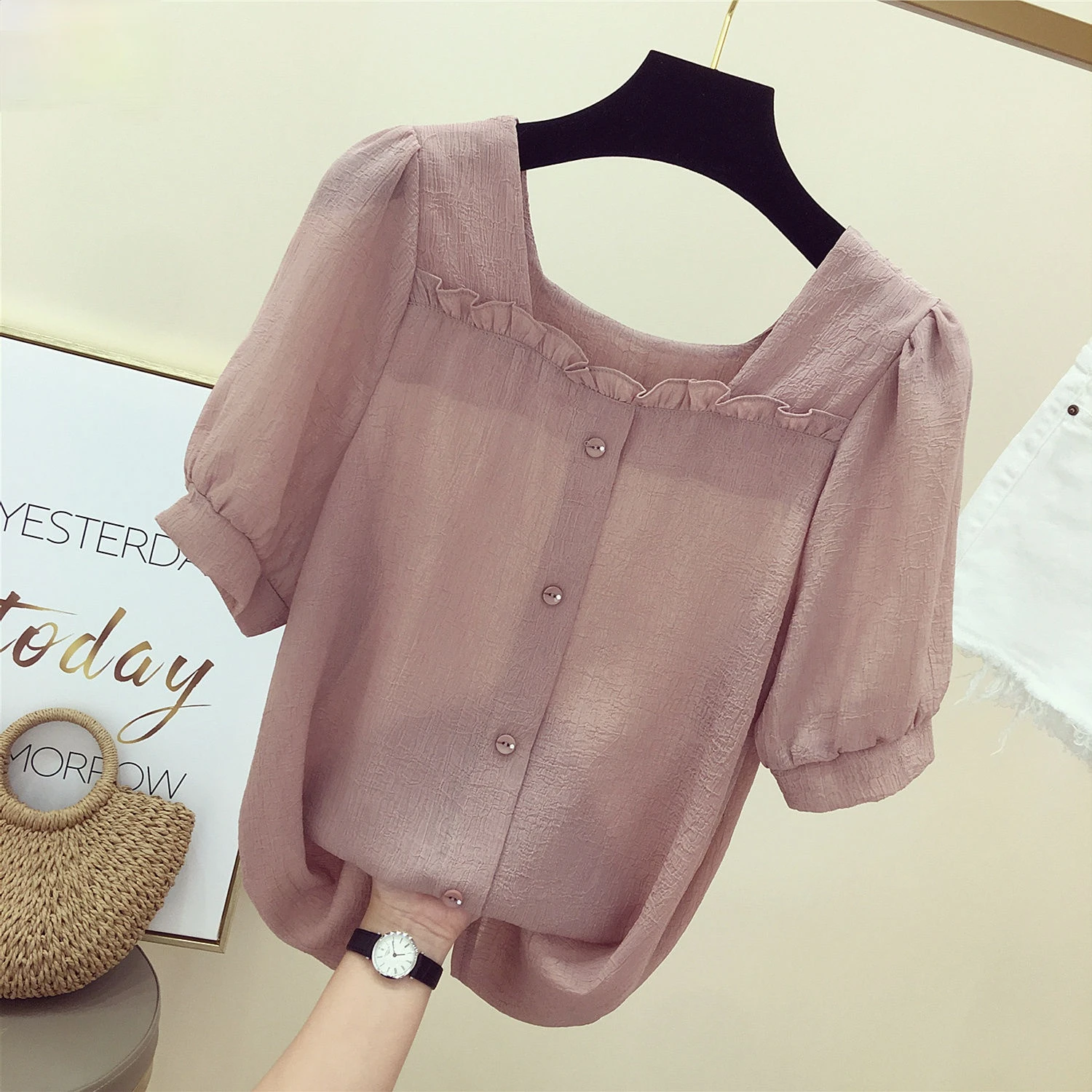 

Блузка женская шифоновая с коротким рукавом, модная Однотонная рубашка с квадратным вырезом, повседневный Свободный Топ, L242, лето 2021