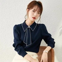 2022 spring autumn womens shirt apricot long sleeved polo collar all match chiffon blouse bottom top female blusas mujer