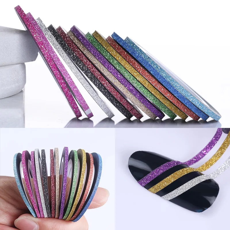 

12 Rolls 2mm Matte Glitter Nail Striping Tape Line Rainbow Multi Color Styling Tool Sticker Decal DIY Decoration
