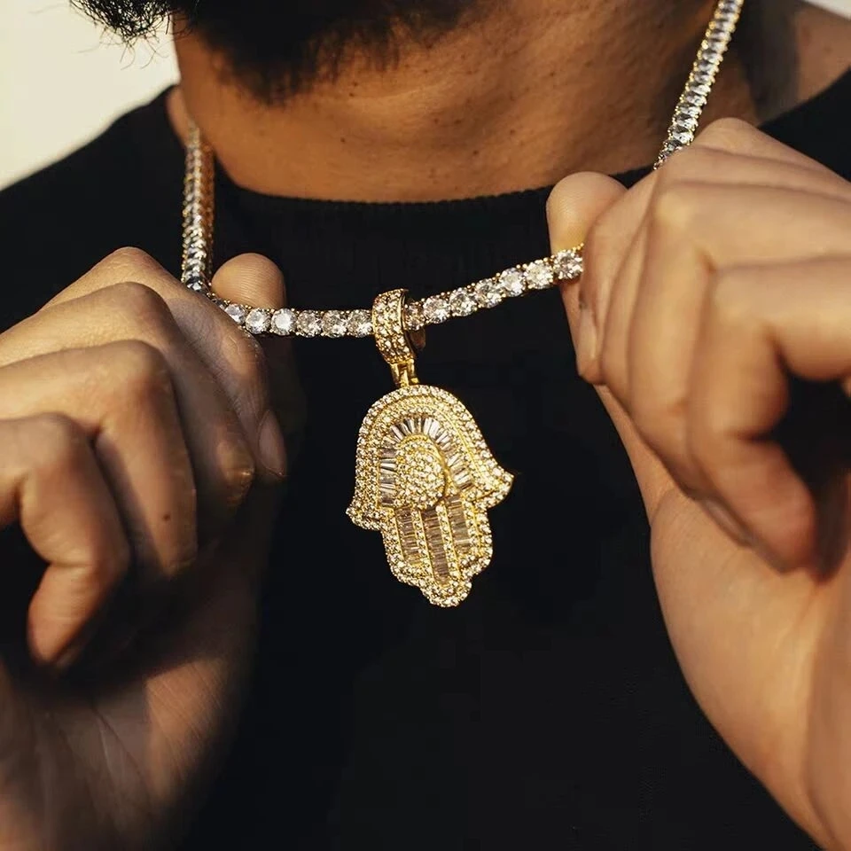 Iced out bling 5А Багет cz мощеная Хамса ручная Подвеска Ожерелье для хип хопа Мужская