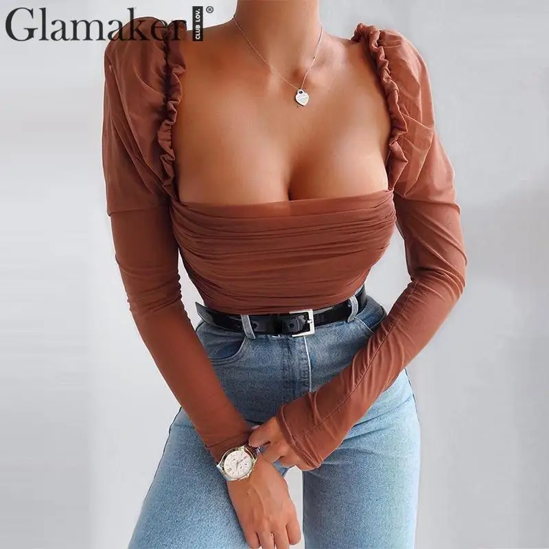 Glamaker, пышная блуза с длинным рукавом, Женская Сексуальная плиссированная блузка для ночного клуба, Женский шикарный сетчатый топ, уличная модная винтажная блуза с квадратным вырезом