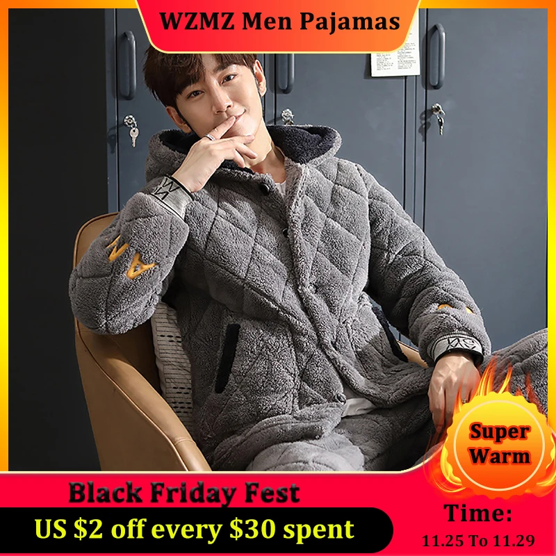 

Men's Winter Warm Pajamas 3-Layers Thick Flannel Pijama Sets Fashion Hooded Plaid Sleepwear Trendyol Pajama Set Luxury Home Wear