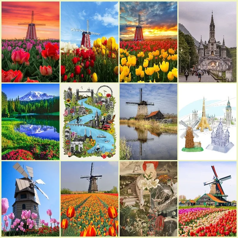 

5D DIY Diamond Painting Tulips Windmill Nederland Landscape Flower Embroidery Full Drill Cross Stitch Mosaic Sale Home Decor