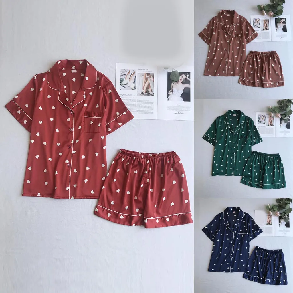 

Shorts Sleeve Pajamas Set Women Heart Print Pyjama Sets Short Pant Nightwear Suit Harajuku Pajamas Cute Daily Pijama Home Suit