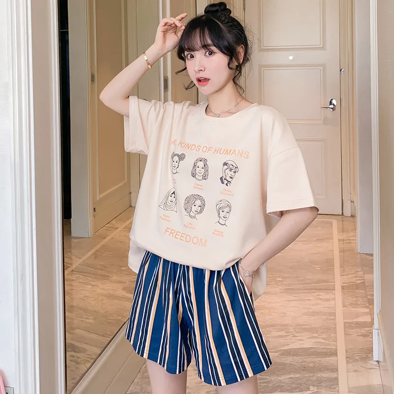 

Young Lady 2PCS Cotton Pajamas Suit Summer Lounge Nightwear Cute Cartoon Print Top&Striped Shorts Sleepwear Loose Home Wear
