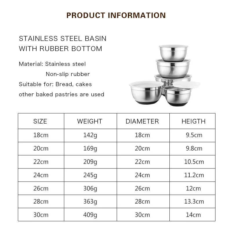 

Stainless Steel Mixing Bowl Salad Mixer Bowl Non-slip Silicone Bottom Food Storage Bowl Kitchen Salad Cooking Bowl Tableware