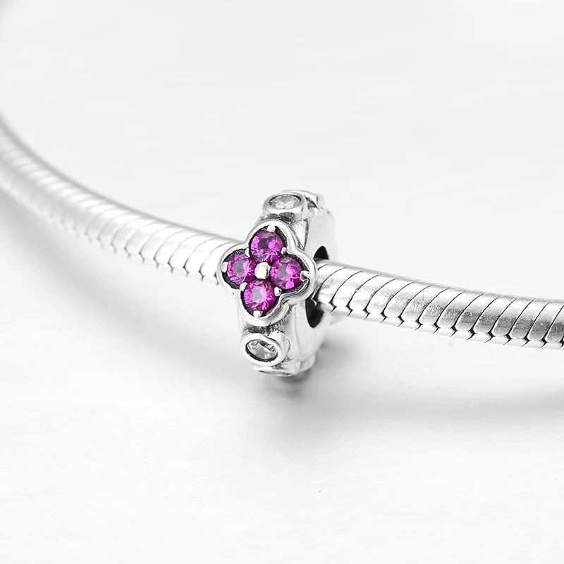 Мода 925 стерлингового серебра глубокий розовый CZ цветок тонкой прокладки пробки