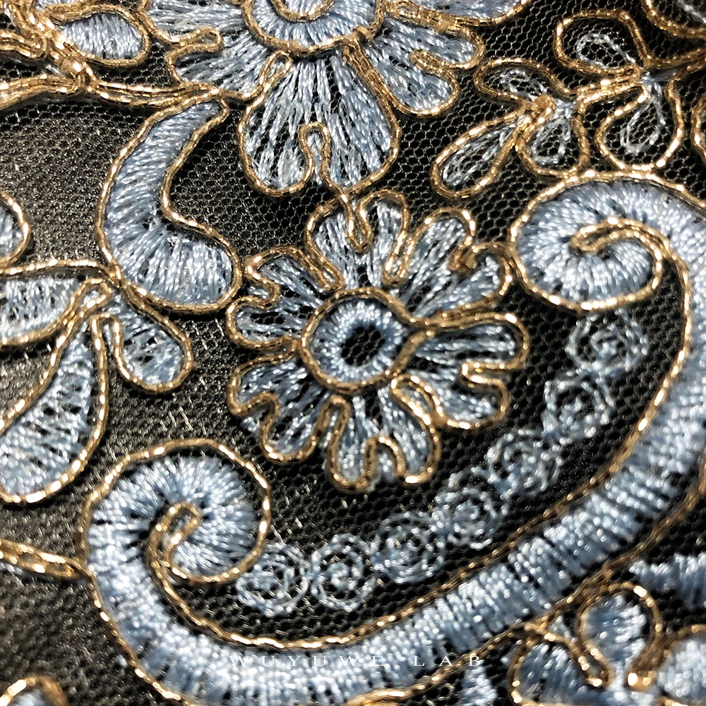 Изящный 1 ярд Золотой синий цвет вышивка аппликация с кружевной отделкой цветок