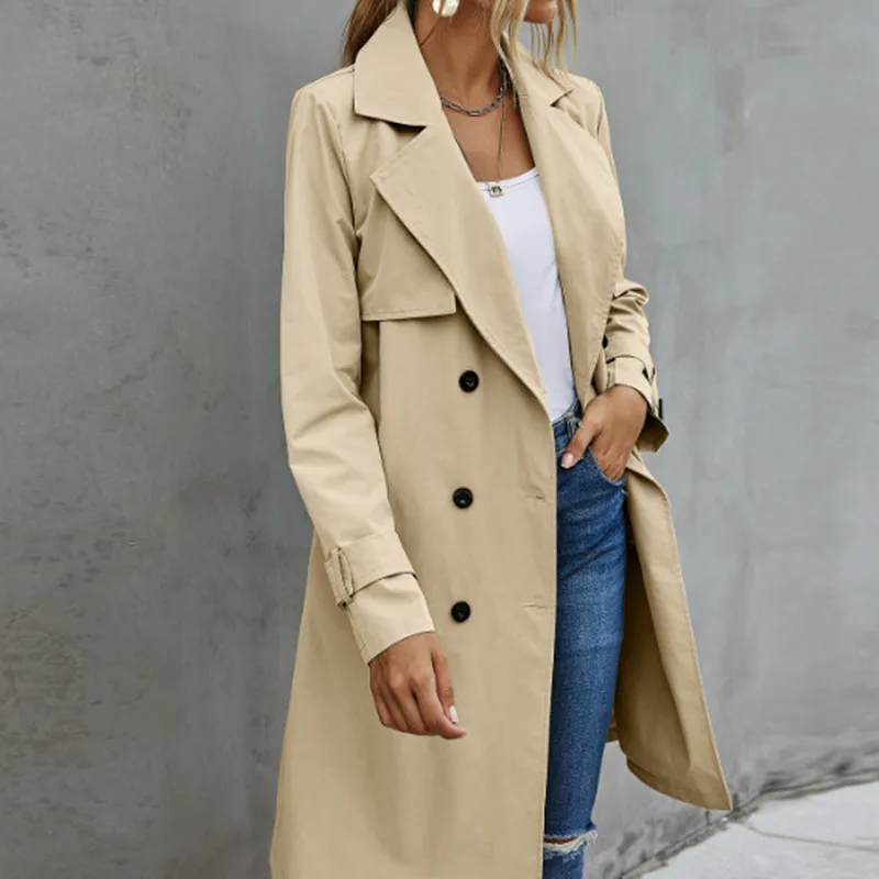 

Fashion Women Trench Casual Solid Color Coat Adult Elagant Fashion Long Sleeve Lapel Neck Double Breasted Belted Coat For Female
