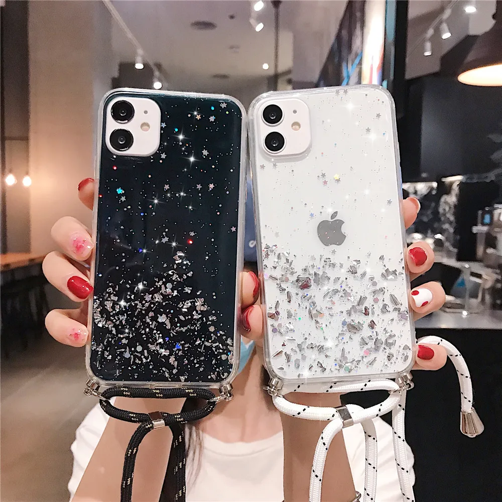 Sparkle Glitter Strap Cord Chain Case For Xiaomi Mi 5X 6X 8 Lite 9 SE 9T Note 10 Pro  A1 A2 A3 Necklace Lanyard Carry Cover Hang