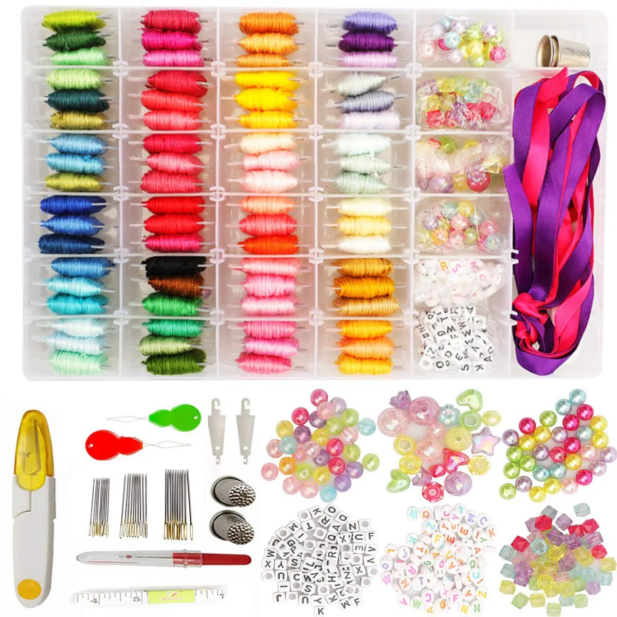 

72 Multi-Color Embroidery Floss and Cross Stitch and Ribbons Kit with Organizer Storage Box, for Bracelet Making Beads