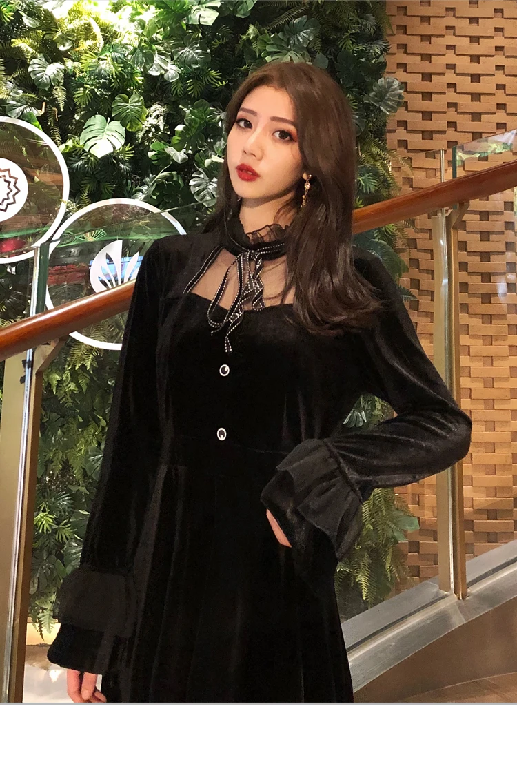 Новое поступление Осеннее винтажное модное платье с длинным рукавом черное