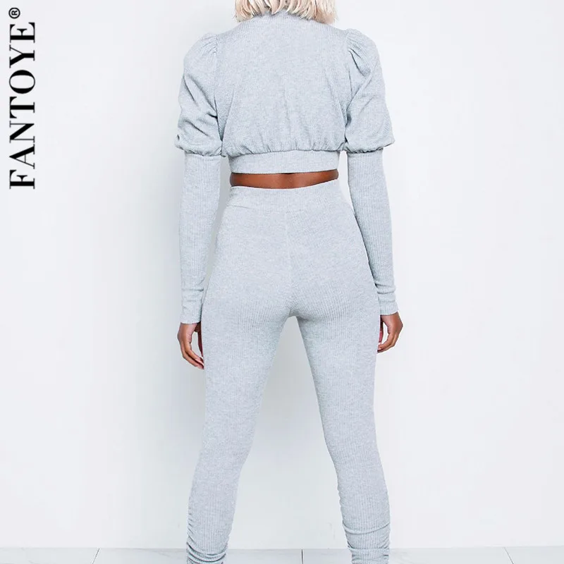 FANTOYE Casual Black Turtleneck Two Piece Set Jumpsuit Women Cotton Puff Sleeve Crop Top And Pants Elastic Sweatshirt Suits | Женская