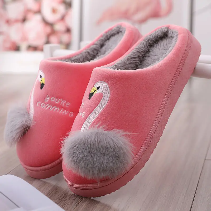 Winter Slippers Women Cute Animal Flamingo Slippers Non-slip Soft Fur Plush Warm Indoor Bedroom Home Shoes ladies furry slides