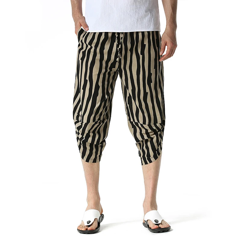 

Casual Home Loose Striped Drawstring Cropped Trousers Joggers Men Summer Cotton Harem Pants Streetwear Baggy Men Pants Sweatpant