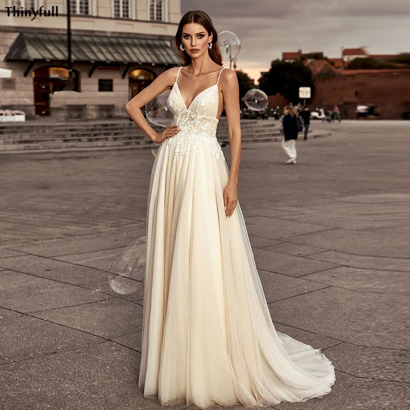 

Thinyfull, тюлевые Свадебные платья цвета шампанского, женское пляжное платье-трапеция в стиле бохо, свадебные платья с открытой спиной, 2021