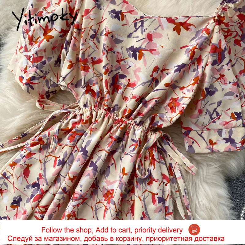 

Yitimoky Floral Print High Waist Dresses Women Draw String Lace Up Puff Sleeve Square Collar A-Line Clothing 2021 Summer Fashion