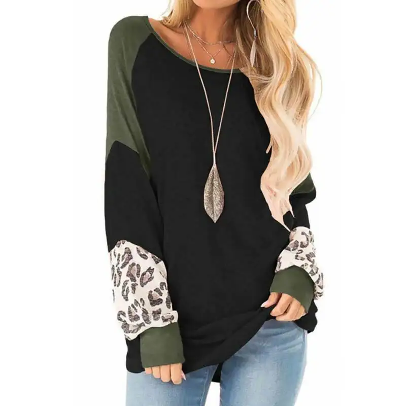 

Womens Patchwork Leopard Long Sleeve T-shirt Basic Loose Shirt Blouse Ladies Top